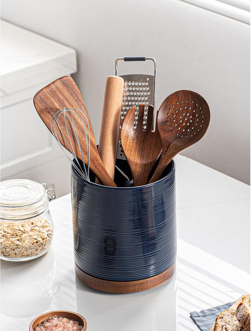 MIKIGEY Utensil Holder, 360° Rotating Extra Large Ceramic Kitchen Utensil Holder for Countertop, 7.3“ Cooking Utensil Crocks for Kitchen Counter with Rotatable Wooden Base, Farmhouse Decor, Dark Blue - Image 4